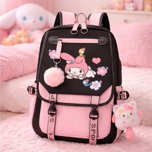 My Melody Backpack USB Charge Laptop Backpack Rucksack Travel Bag w Plush Charms